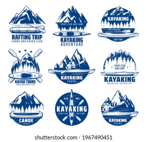 Kayaking, rafting and canoeing sport vector icons with kayak, canoe and raft boats, paddles, mountain lake and river, teams of kayakers and canoers. Extreme sport club, tour and camp emblems design