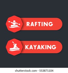 Kayaking, rafting icons, labels, banners, orange on dark gray, vector illustration
