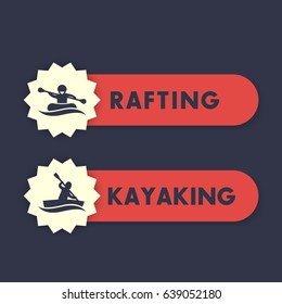 Kayaking, rafting icons, labels, banners