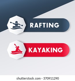 Kayaking, rafting logos, icons, banners, labels in blue and red, vector illustration