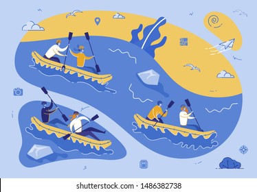 Kayaking or Rafting Sport Competition. Sportsmen Rowing in Kayaks at Rocky Shore. Wild Nature and Water Fun on Summer Vacation. Tourists Company Extreme Activity. Cartoon Flat Vector Illustration