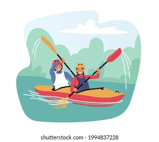 Kayaking or Rafting Sport Competition. Sportsmen Rowing in Kayaks at River Stream. Wild Nature and Water Fun on Summer Vacation. Tourists Company Extreme Activity. Cartoon Vector Illustration