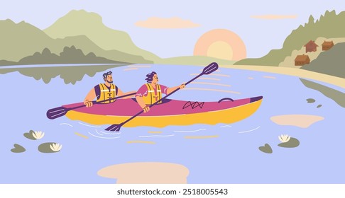 Kayak o rafting en el paisaje natural. Personas remando con remo en kayak en el rio o lago con lotos. Los turistas de navegación acuática extreman la actividad al atardecer. Ilustración vectorial de dibujos animados