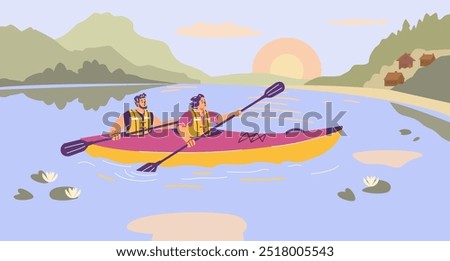 Kayaking or rafting sport on nature landscape. People rowing with paddle in kayak at river or lake with lotuses. Aquatic boating tourists extreme activity on sunset. Cartoon vector illustration