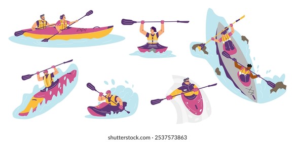 Kayaking or rafting sport. Sportsmen rowing with paddle in kayaks at water, river stream. Wild nature aquatic boating tourists extreme activity. Cartoon vector illustrations set isolated on white