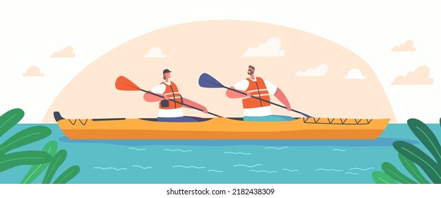 Kayak o Rafting Sport, Travel or Competition. Hombre y mujer en vida siembra en Kayaks en la corriente de río Wild. Diversión por el agua en vacaciones de verano, la actividad extrema de los turistas. Ilustración del vector de dibujos animados