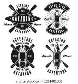 Kayaking set of four vector monochrome emblems, labels, badges or logos isolated on white background