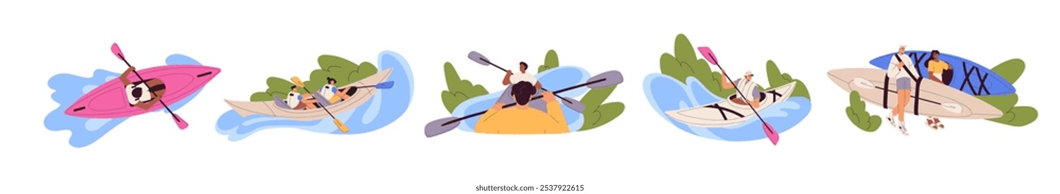 Conjunto de kayak. Hombres, mujeres haciendo rafting en el río solos o junto con amigos en barco. Personajes con remo de remo en canoa. Las Personas practican deportes acuáticos extremos. Ilustraciones vectoriales aisladas planas en blanco