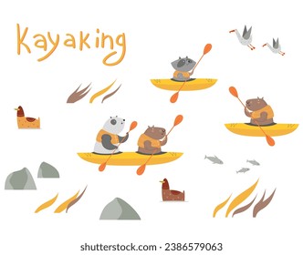 Kayaking set: panda, capybara, kayak, ducks, seagulls, mountains, grass, raccoon. Vector illustration.