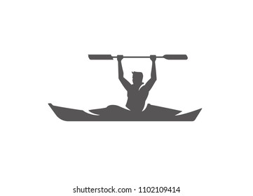 Kayaking silhouette isolated on white background vector illustration. Man holding paddle vector graphic emblem.