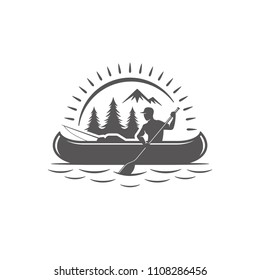Kayaking silhouette isolated on white background vector illustration. Man holding paddle vector graphic emblem.