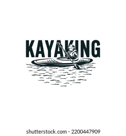 Kayaking silhouette isolated on white background vector illustration. Man holding paddle vector graphic emblem.