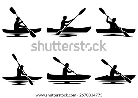 Kayaking silhouettes demonstrating various paddling techniques and motions 