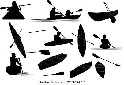 Kayaking silhouettes vector. Canoe trails and rafting club emblem with kayaking equipment elements.