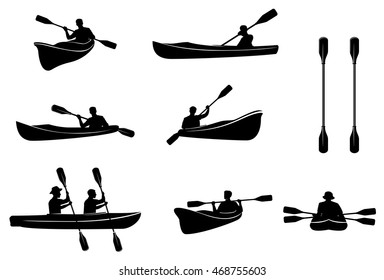 Kayaking silhouettes vector. Canoe trails and rafting club emblem with kayaking equipment elements.