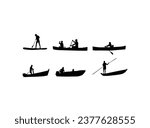 Kayaking silhouettes vector. Fisherman in boat logo vector silhouette. Young man sitting on row boat silhouette vector.