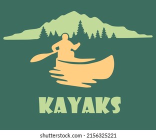 Kayaking. Simple vector graphics. Silhouette of a boat in the mountains.