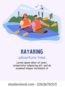 Kayaking sport and adventure banner or poster background, flat cartoon vector illustration. Tourism on kayak or canoe boat. Advertising banner or flyer mockup.
