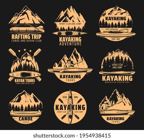 Kayaking sport icons, rafting and canoe tours, vector outdoor adventure club symbols. Nature camping and hiking expedition to river and mountain on kayak, canoe and raft lake boat icons