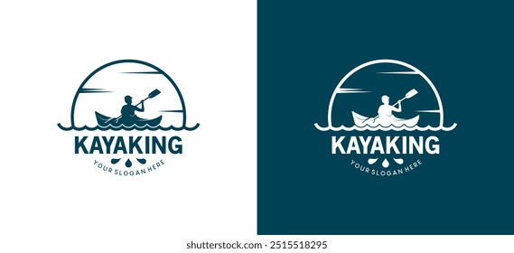 Logotipo del deporte del kayak, Ilustración vectorial de un hombre que rema un bote con una sensación natural del océano