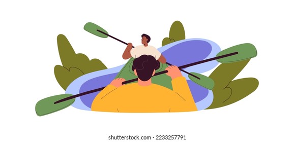 Kayaking sport. People rowing with paddles, sitting in double boat. Active friends kayakers rafting in rowboat down river on summer holiday. Flat vector illustration isolated on white background.