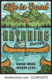 Kayaking sport poster. Rafting on kayak on the river among the mountains