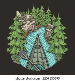 Kayaking sport print. Rafting on kayak on the river among the mountains