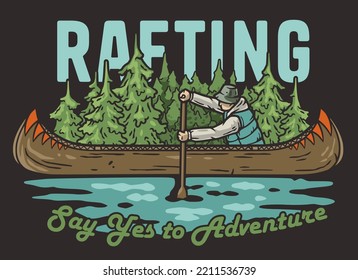 Kayaking sport print. Rafting on kayak on the river among the mountains