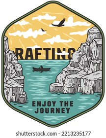 Kayaking sport print. Rafting on kayak on the river among the mountains