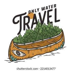 Kayaking sport print. Rafting on kayak on the river among the mountains