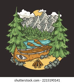 Kayaking sport print. Rafting on kayak on the river among the mountains