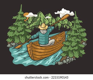 Kayaking sport print. Rafting on kayak on the river among the mountains