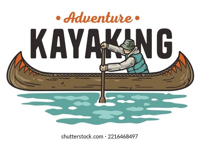 Kayaking sport print. Rafting on kayak on the river among the mountains