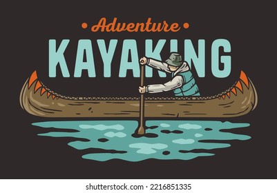 Kayaking sport print. Rafting on kayak on the river among the mountains