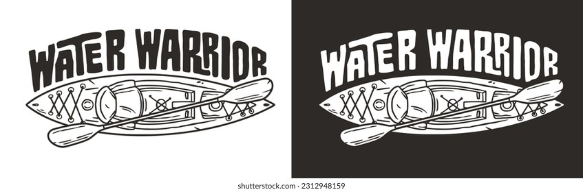 Kayaking sport print. Rafting on kayak on the river among the mountains