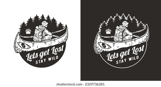 Kayaking sport print. Rafting on kayak on the river among the mountains