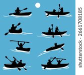 Kayaking sport silhouettes of people using a kayak for moving over water waves. People rafting on kayak or canoe rowing with paddles in boats. Vector Illustration