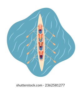 Kayaking team sport flat concept vector spot illustration. Top view of four oarsmen on sea. Championship 2D cartoon characters on white for web UI design. Isolated editable creative hero image