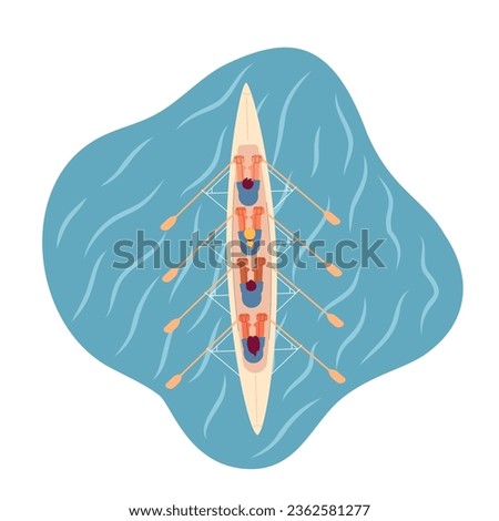 Kayaking team sport flat concept vector spot illustration. Top view of four oarsmen on sea. Championship 2D cartoon characters on white for web UI design. Isolated editable creative hero image