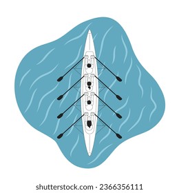 Kayaking team sport monochrome concept vector spot illustration. Top view of four oarsmen on sea. Championship 2D flat bw cartoon characters for web UI design. Isolated editable hand drawn hero image