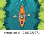 Kayaking top view. Man with paddle in canoe on sea water flow river rafting, kayak boat rowing above lake race extreme adventure sport nature background classy vector illustration original artwork