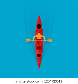 Kayaking top view - oarsman boating on the river surface - vector illustration for actove sports, leisure, touristic services