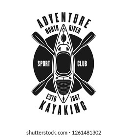 Kayaking vector emblem, label, badge or logo in vintage monochrome style isolated on white background