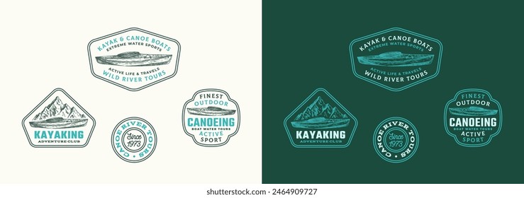 Kayaking Vector Frame Signs, Labels Logo Templates Collection. Hand Drawn Kayak Canoe Boat and Mountains Landscape Sketch with Typography. Water Sports Vintage Emblems Bundle. Isolated
