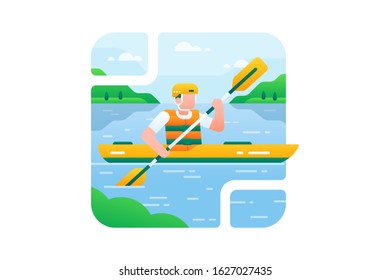 Kayaking vector illustration. A kayakers is rowing using an oar on the water.