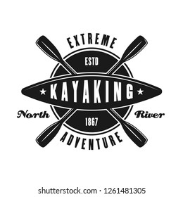 Kayaking vector sport club emblem, label, badge or logo in monochrome vintage style isolated on white background