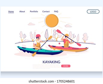 Kayaking vector website template, landing page design for website and mobile site development. Extreme whitewater kayaking, paddling activity, sport competition event.