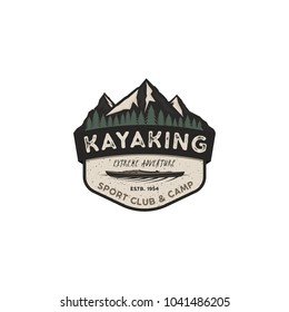 Kayaking vintage badge. Mountain explorer label. Outdoor adventure logo design. Travel and hipster insignia. Wilderness, forest camping emblem. Stock vector.