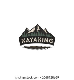 Kayaking vintage badge. Mountain explorer label. Outdoor adventure logo design. Wilderness emblem. Stock vector isolated on white background