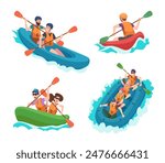 Kayaking. Water sport characters extreme rafting male and female active people exact vector illustrations set